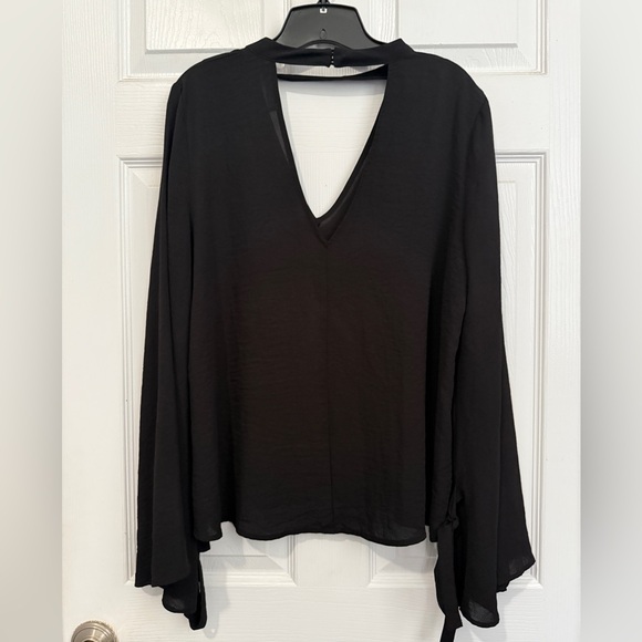 Lush Black V-neck Blouse XL Bell Tie Sleeves Flowy Choker Date Night Out Dressy - Picture 2 of 9